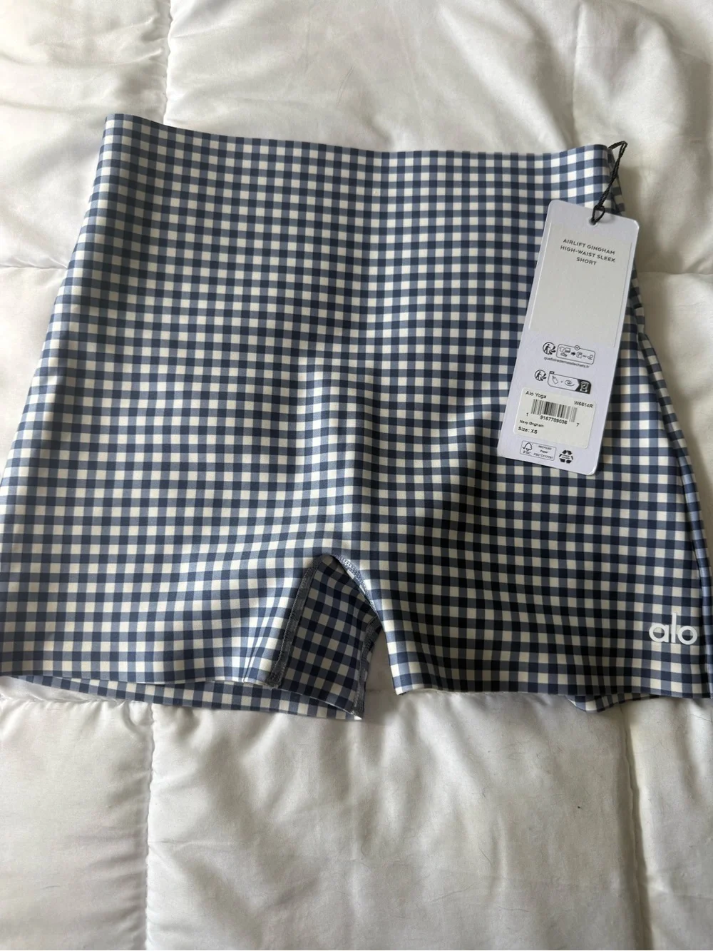 ALO Yoga Navy and White Gingham High-Rise Bike Shorts - Check Print